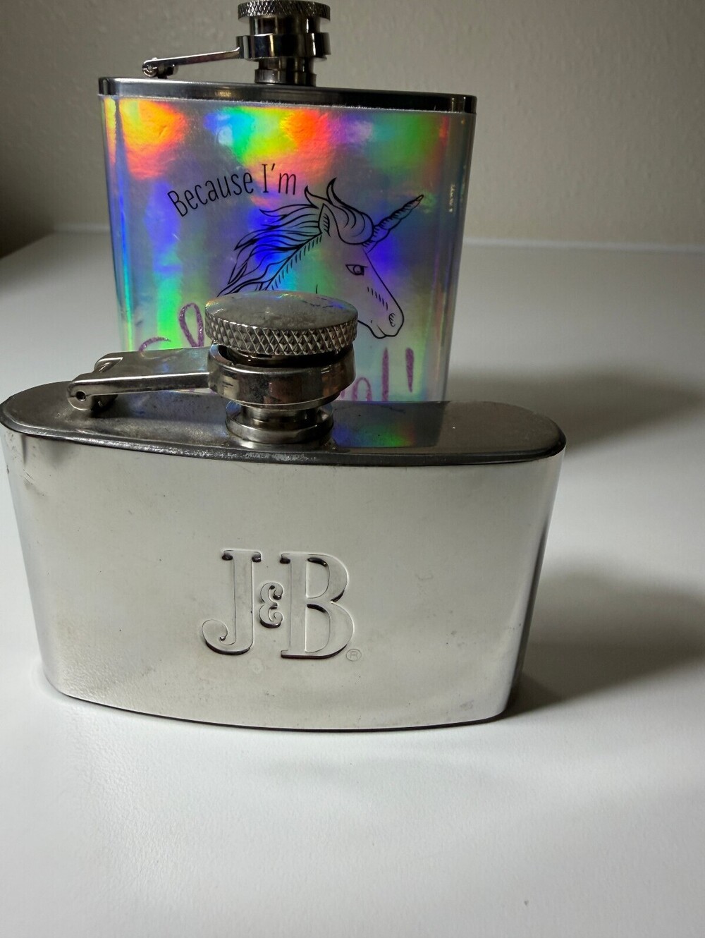 Set of 2 Stainless Steel Hip Flasks - J&B and Unicorn Design